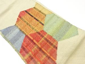 手織り紬亀甲に格子・横縞模様織出し名古屋帯